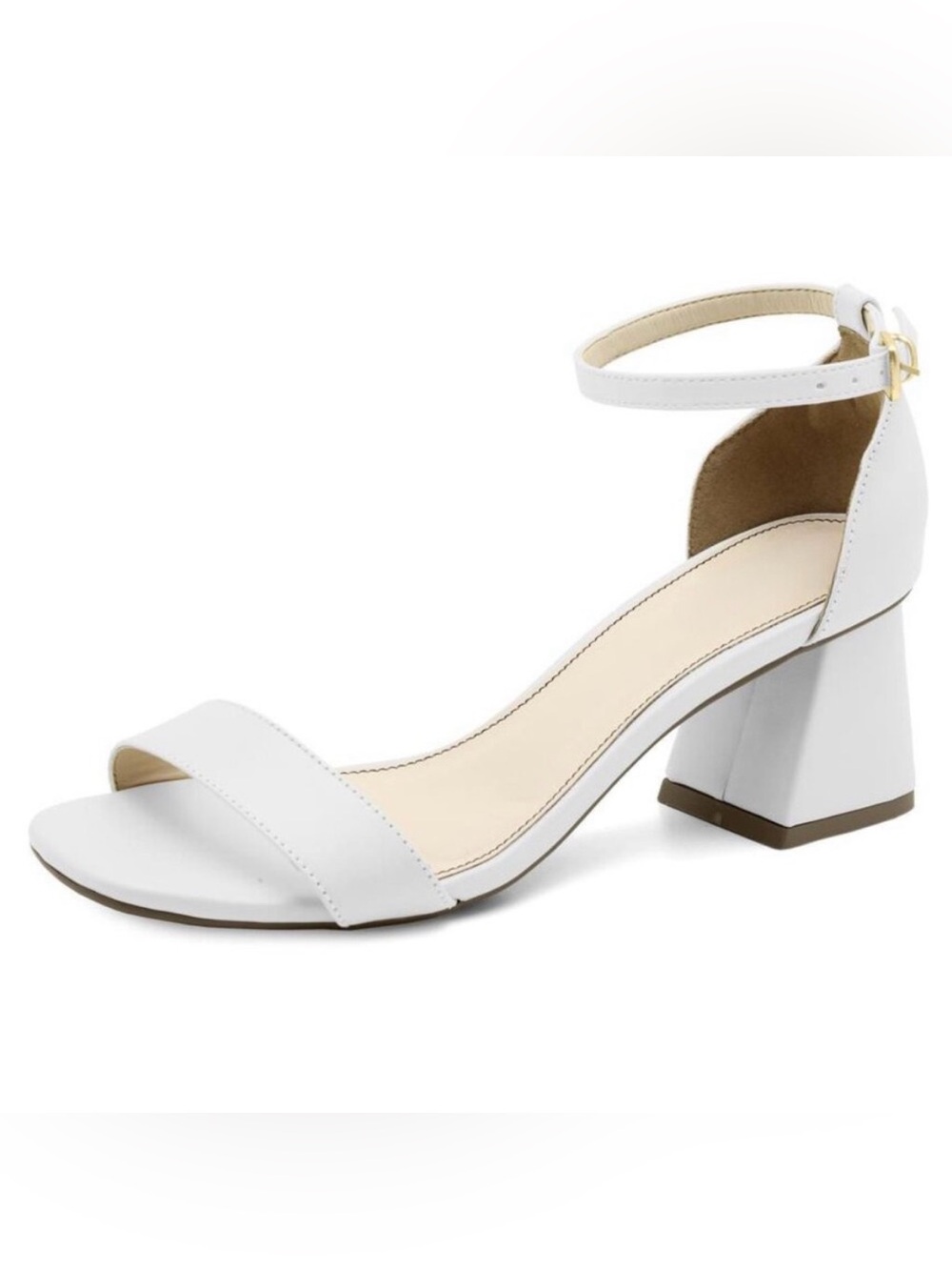 Round Toe White Block Leather Heel